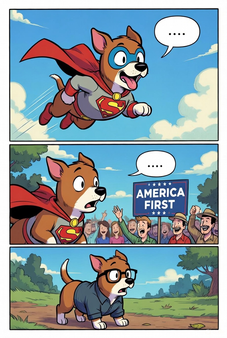 A three-panel comic. Panel 1: Ben Dog as Superman is flying. Panel 2: He sees a crowd with an 'AMERICA FIRST' sign. Panel 3: He lands and is back in his civilian clothes, looking shocked.