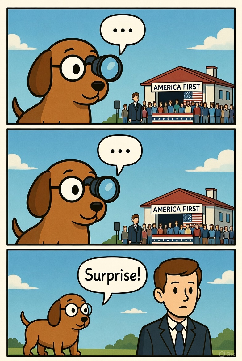 A three-panel comic. Panel 1: Ben Doger looks through binoculars at a building with an 'AMERICA FIRST' sign. Panel 2: He's still looking. Panel 3: He's standing next to the man from the news report, saying 'Surprise!'