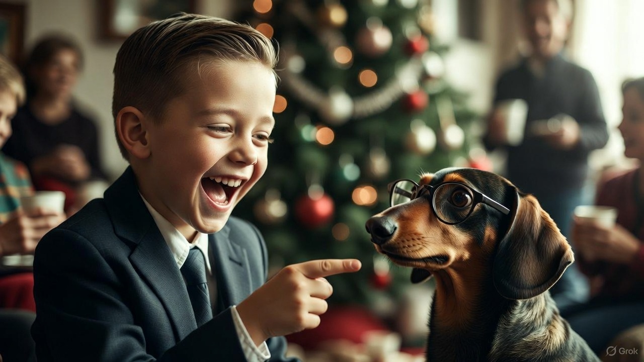 A young boy in a suit laughing and pointing at a dachshund wearing glasses. In the background, there is a Christmas tree.