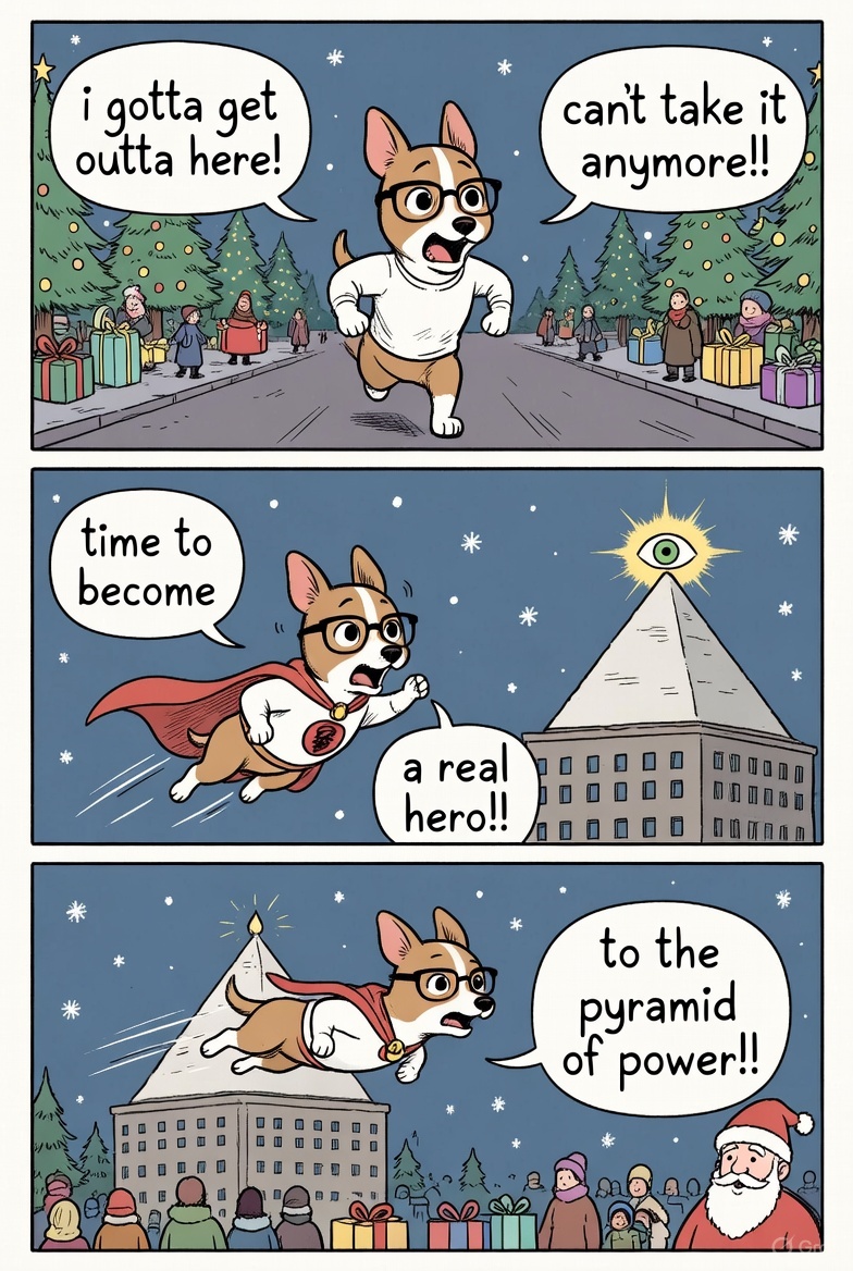 A three-panel comic. Panel 1: A dog runs away saying 'i gotta get outta here!'. Panel 2: The dog flies as a superhero towards a pyramid with an eye. Panel 3: The dog flies towards the 'pyramid of power' while Santa watches.