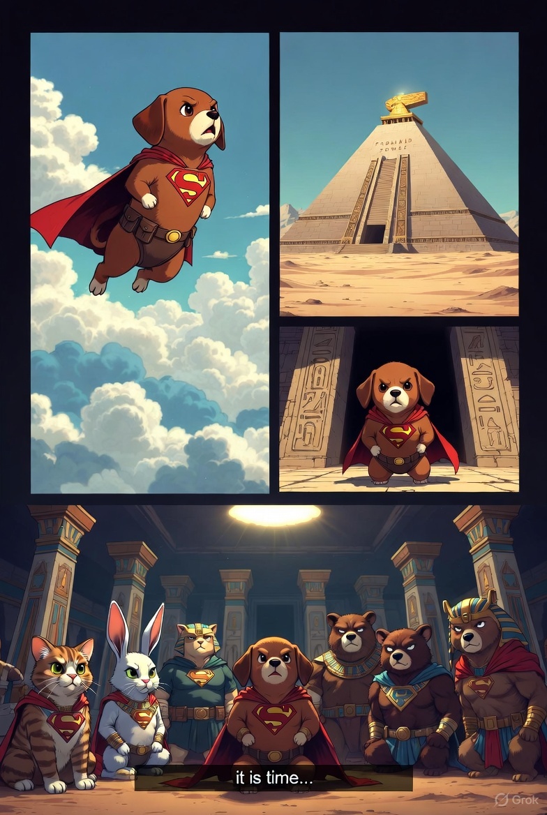 A three-panel comic. Panel 1: Ben Doger flies towards a pyramid. Panel 2: He stands at the entrance. Panel 3: Inside, he joins a group of other animals wearing Superman costumes, including a cat, rabbit, and bears. Caption: 'it is time...'