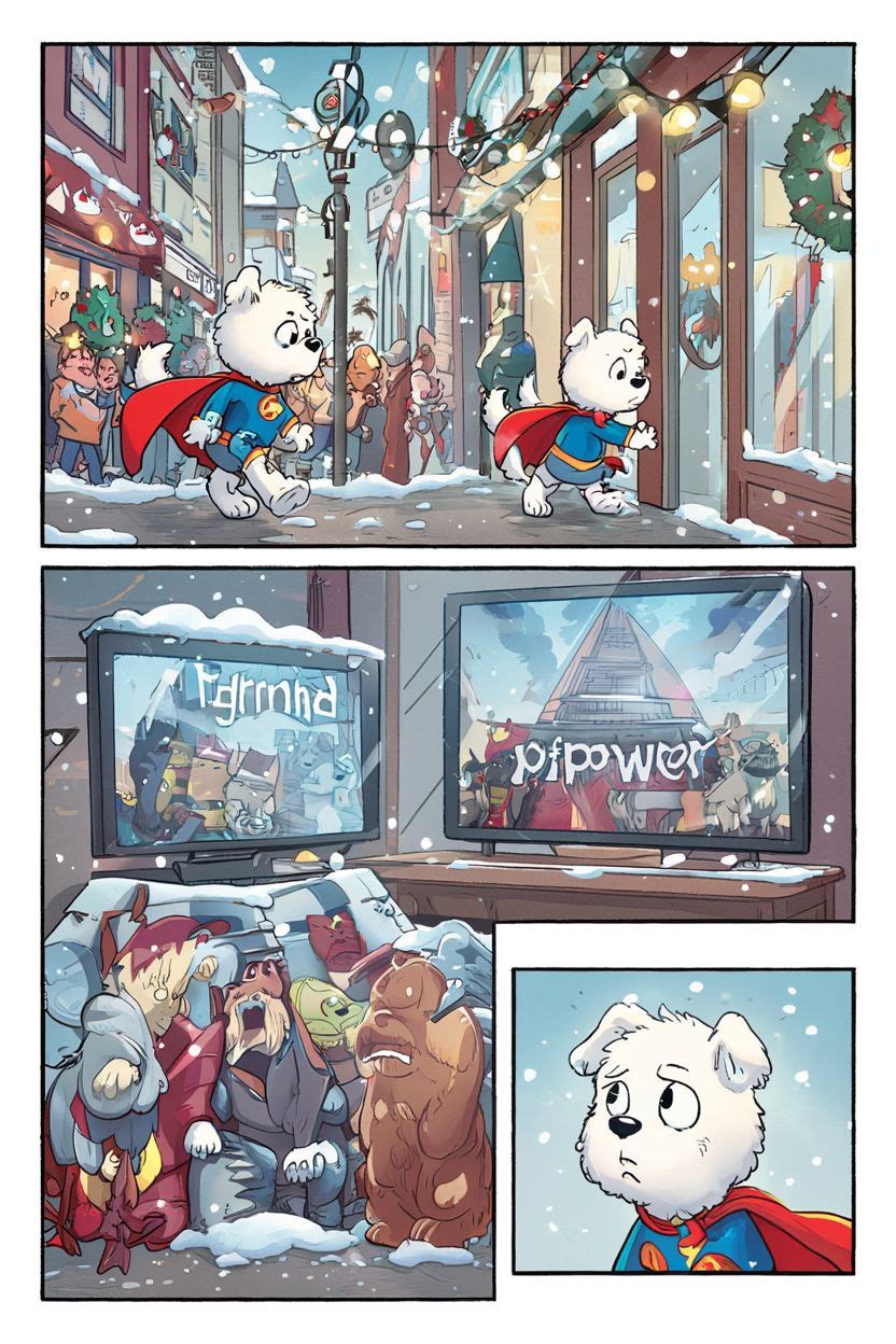 A multi-panel comic. A white dog in a Superman costume walks down a snowy street. He looks into a window at TVs showing distorted images. A group of characters watches the TVs. The dog looks sad.